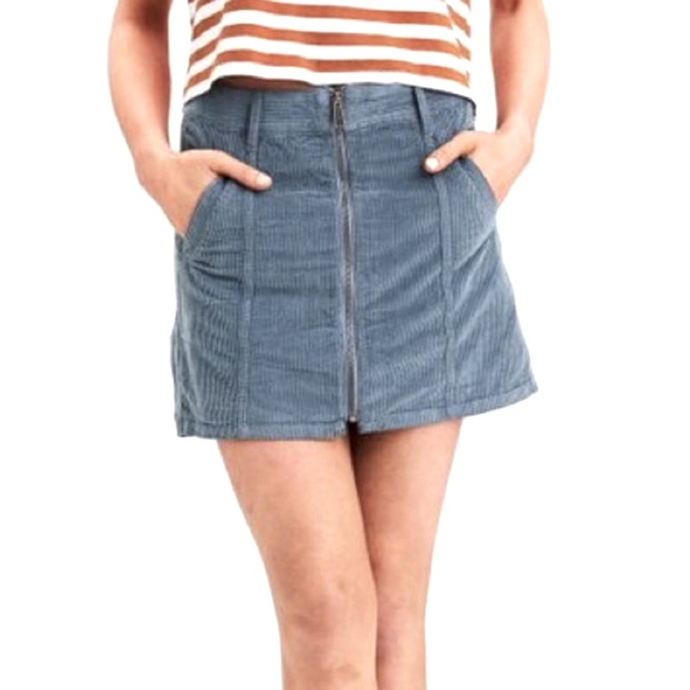 American Eagle High Rise A Line Zip Front Y2K Corduroy Blue Gray Mini Skirt